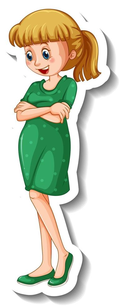 una plantilla de pegatina con una mujer con vestido verde en pose de pie vector
