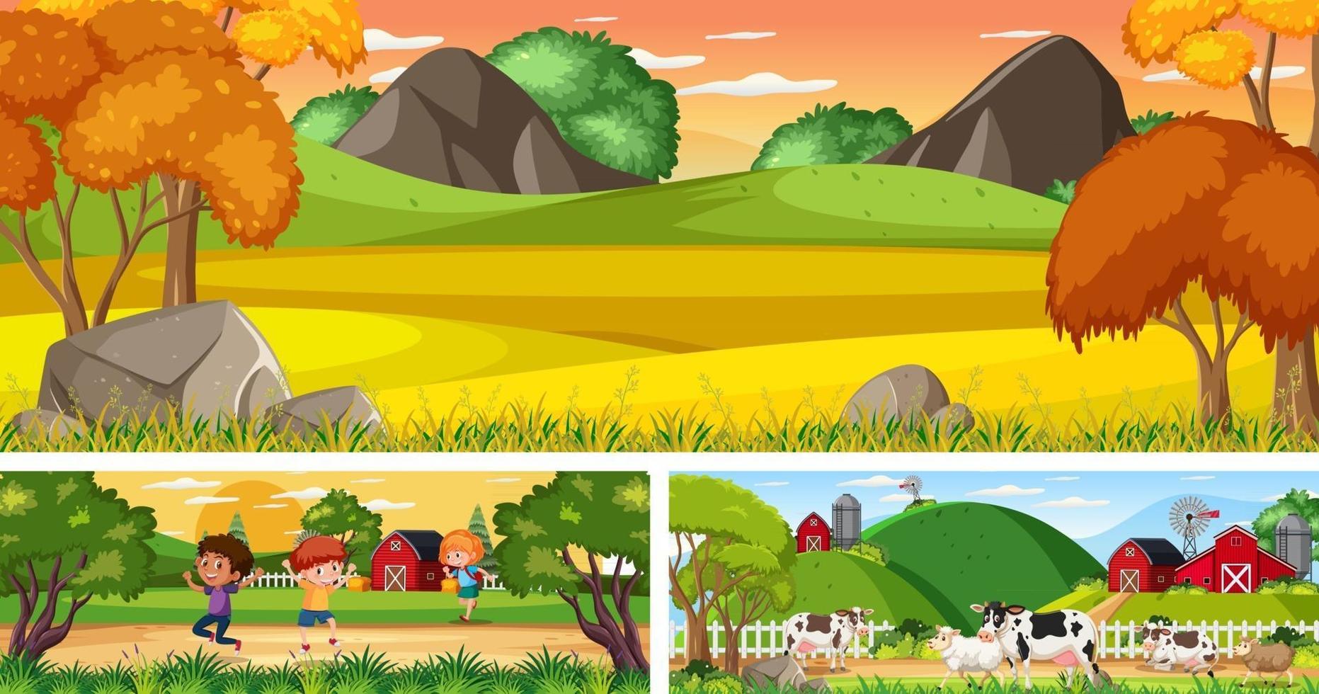 Set of outdoor panoramic landscape with cartoon character vector