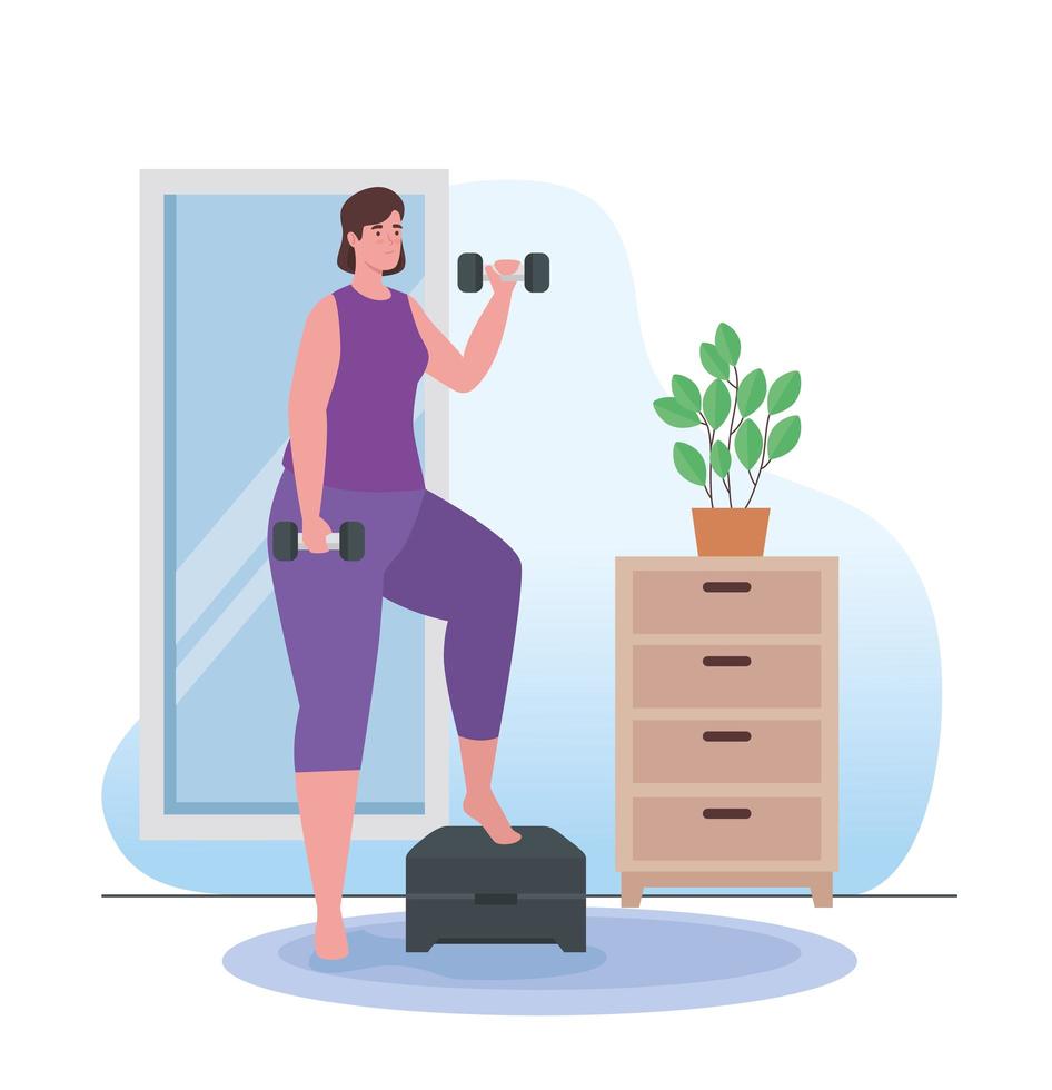 Woman lifting weights on step at home vector design