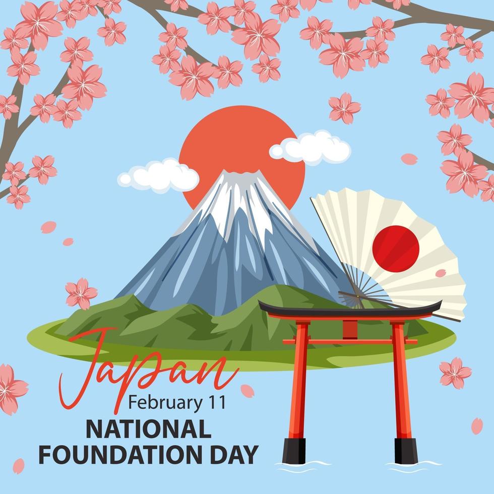 Japan's National Foundation Day banner with Mount Fuji and Torii gate vector