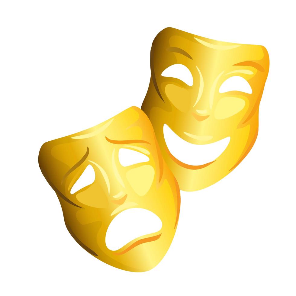 Teatro y cine feliz y triste diseño de vectores de máscaras de oro