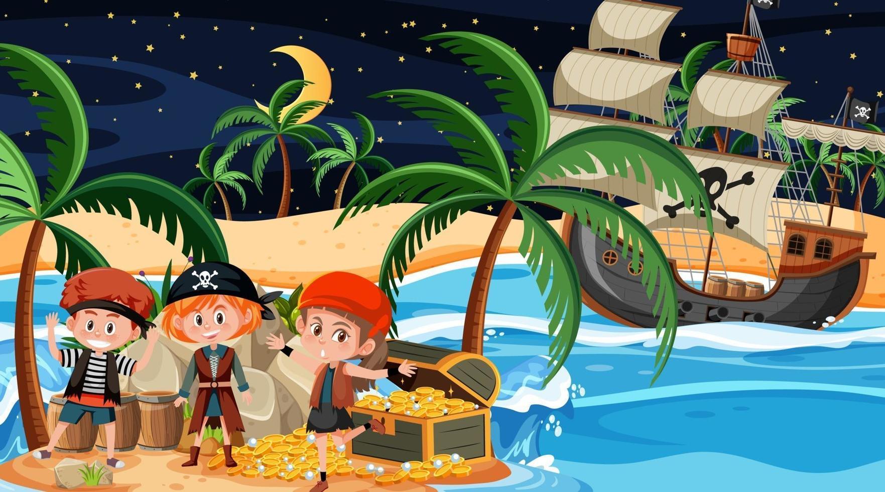 escena de la isla del tesoro en la noche con niños piratas vector