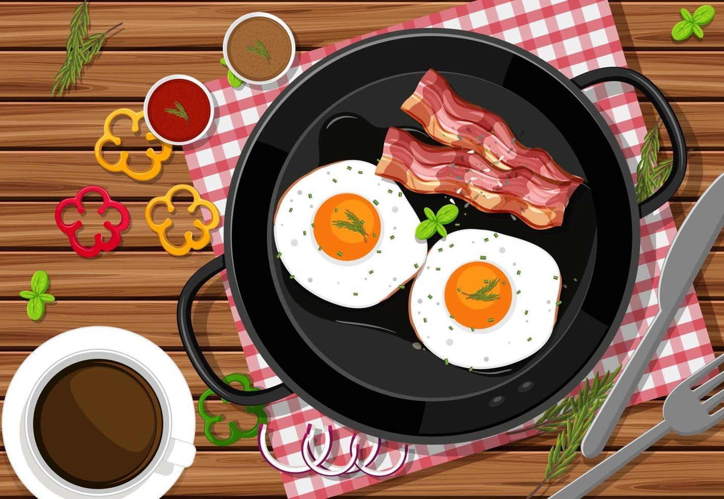 Vista superior de la comida del desayuno con huevos fritos y tocino en una sartén sobre el fondo de la mesa vector