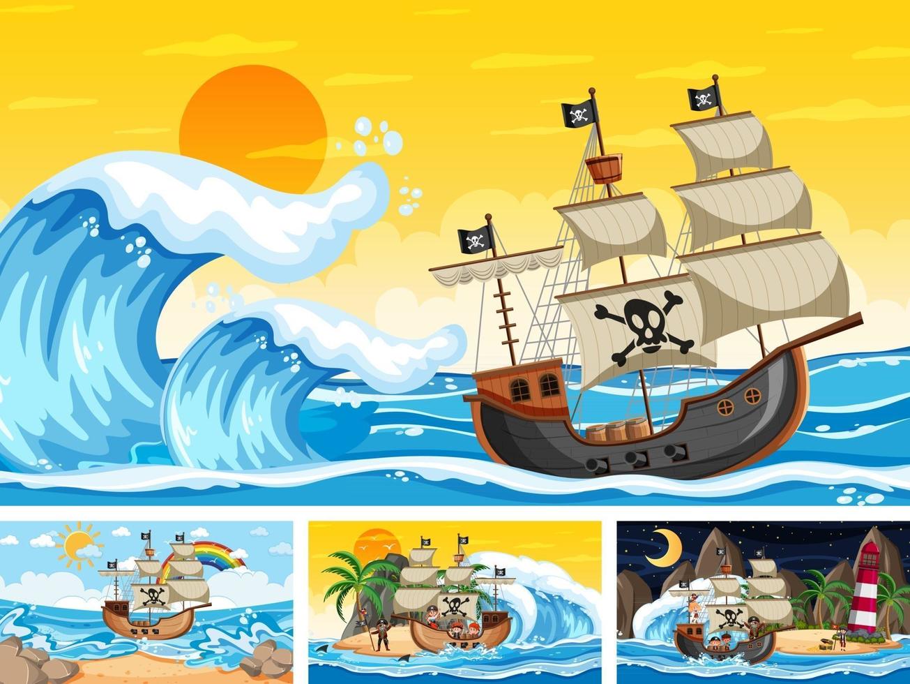Set of different beach scenes with pirate ship and pirate cartoon character vector