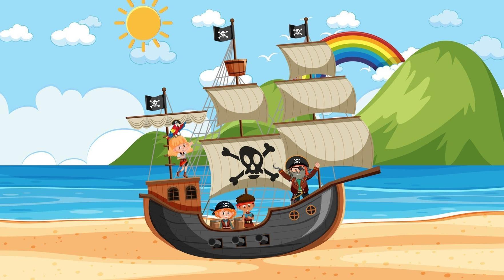 playa con barco pirata en la escena diurna en estilo de dibujos animados vector