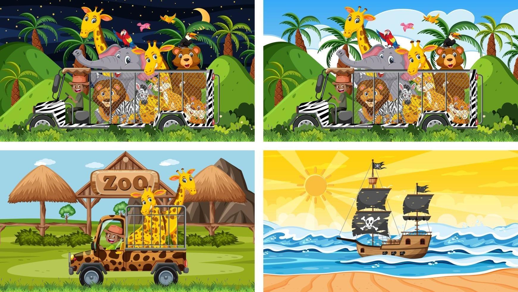 Set of different scenes with pirate ship at the sea and animals in the zoo vector