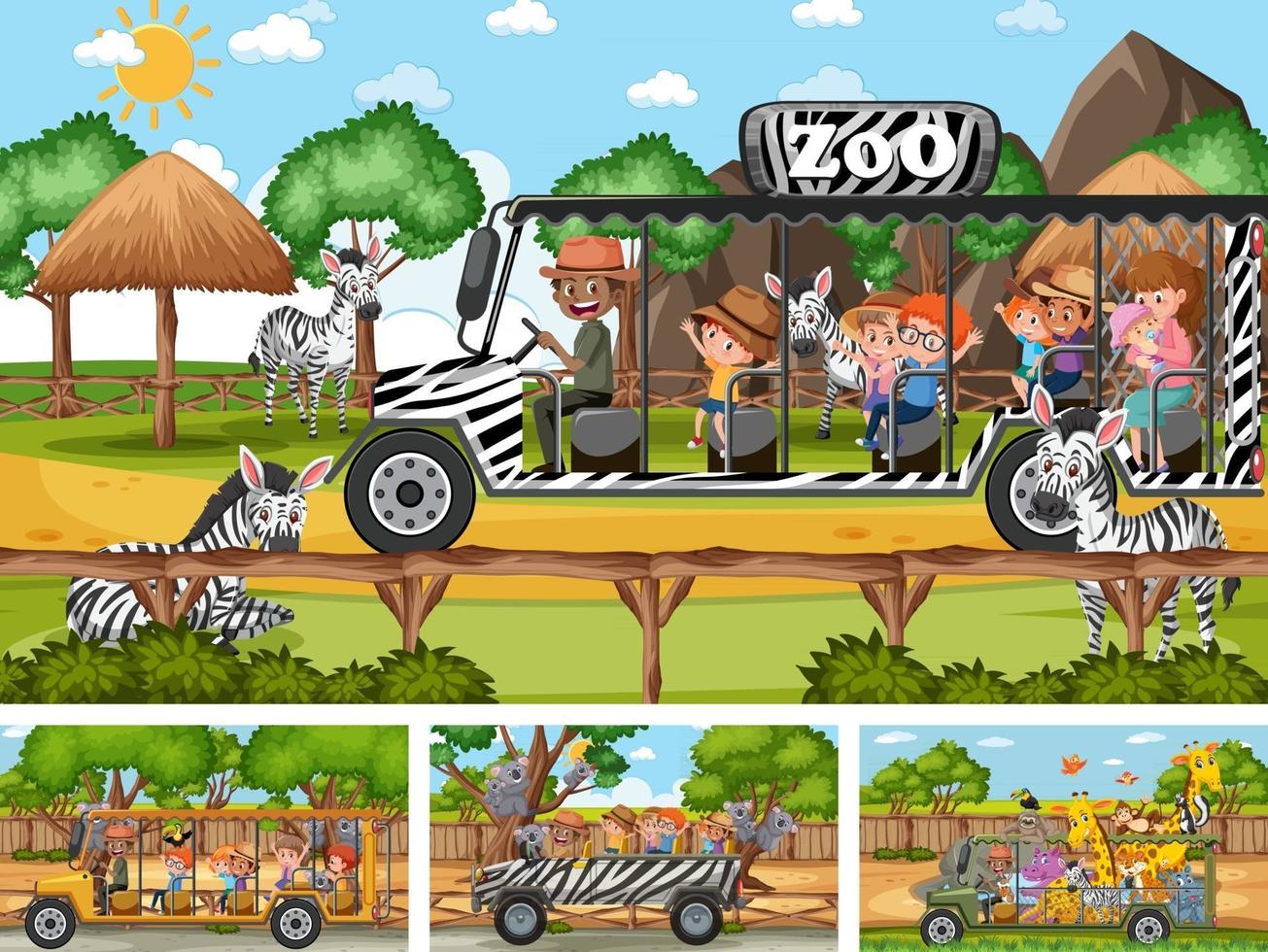 Four different zoo scenes with kids and animals vector