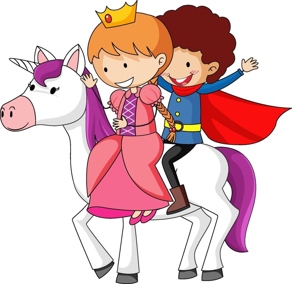 Simple cartoon character of prince and princess riding a unicorn isolated vector