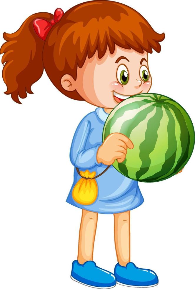 personaje de dibujos animados de niña feliz sosteniendo una sandía vector