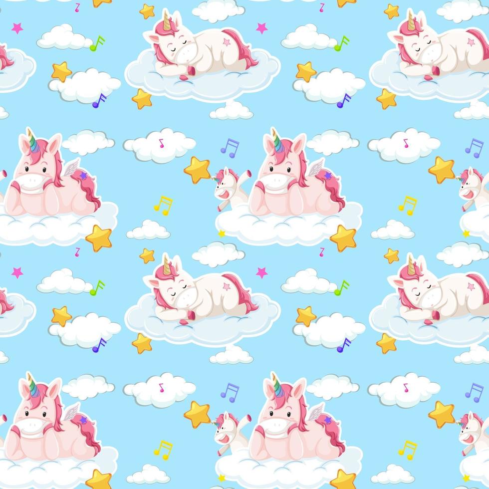 Unicorn seamless pattern with many clouds on blue background vector