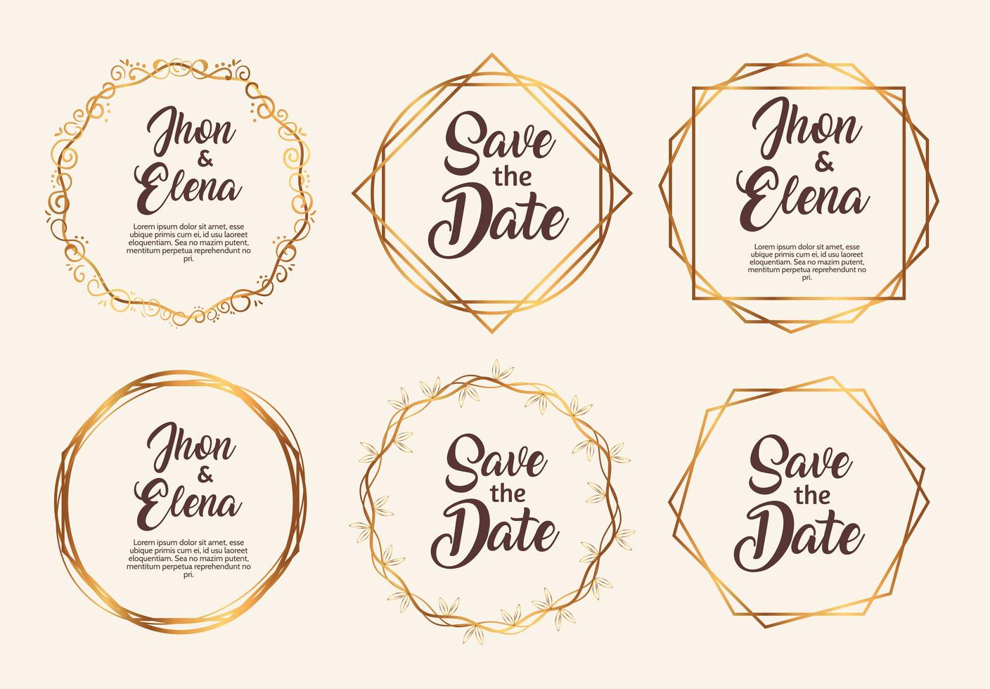 paquete de seis marcos dorados de invitación de boda vector