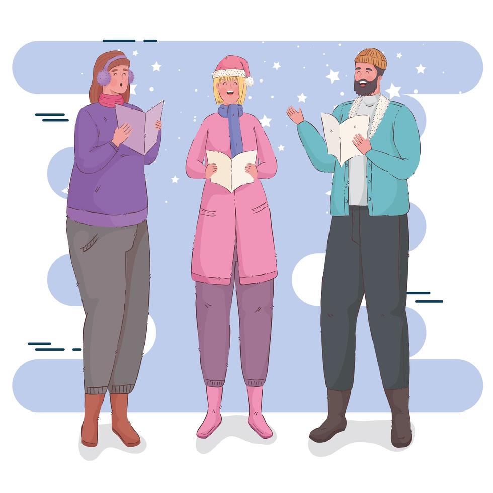 three persons singing christmas carols vector
