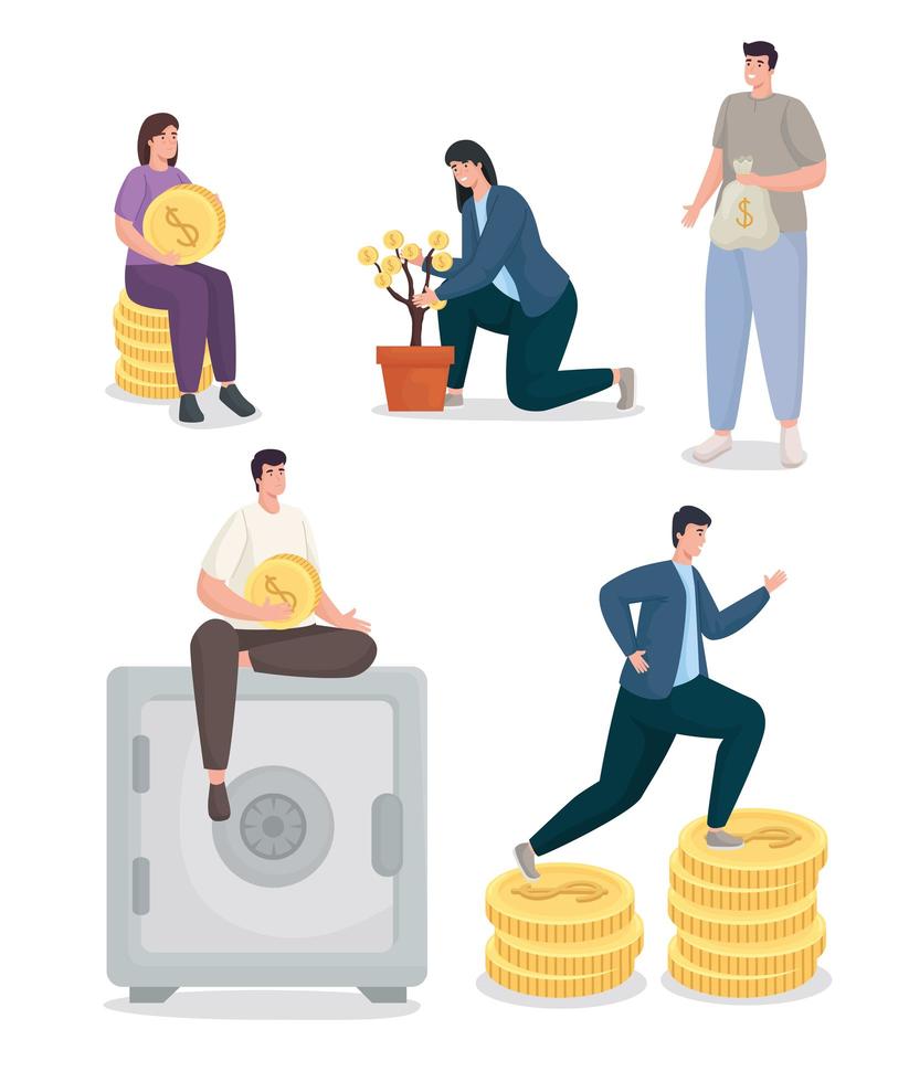 Save money and people with coins icon set vector design