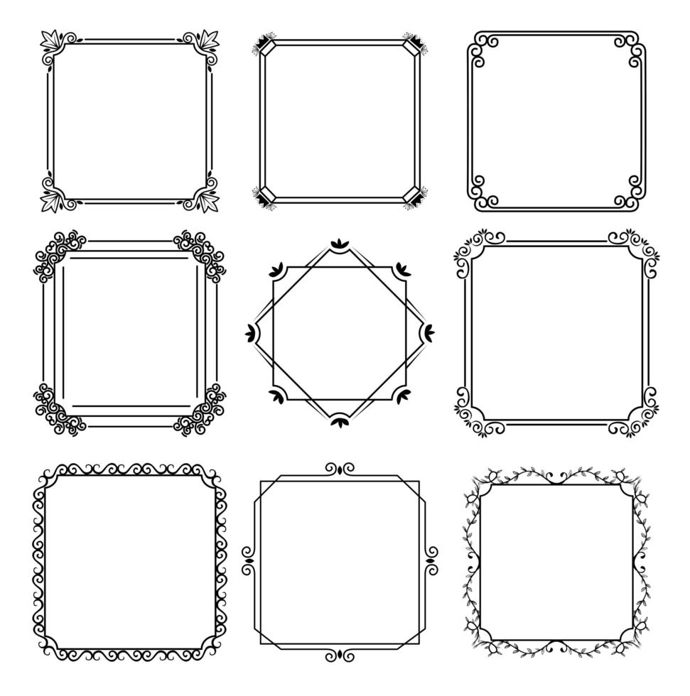 nueve cuadros monocromáticos en estilo de línea de fondo blanco vector