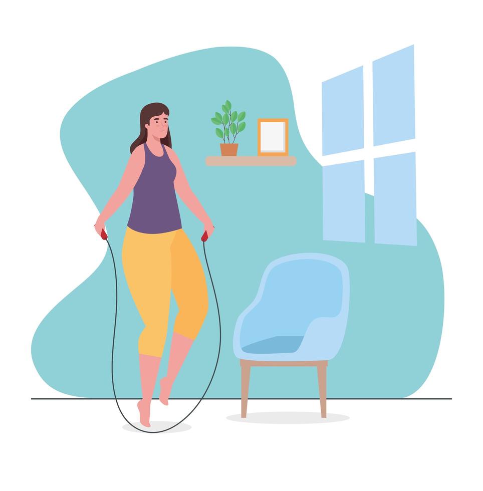 Woman jumping rope at home vector design