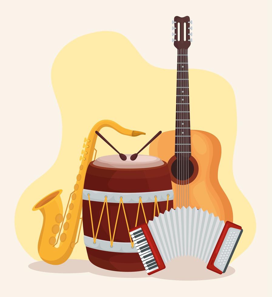 guitarra, tambor, saxofón, y, acordeón, instrumento, vector, diseño vector