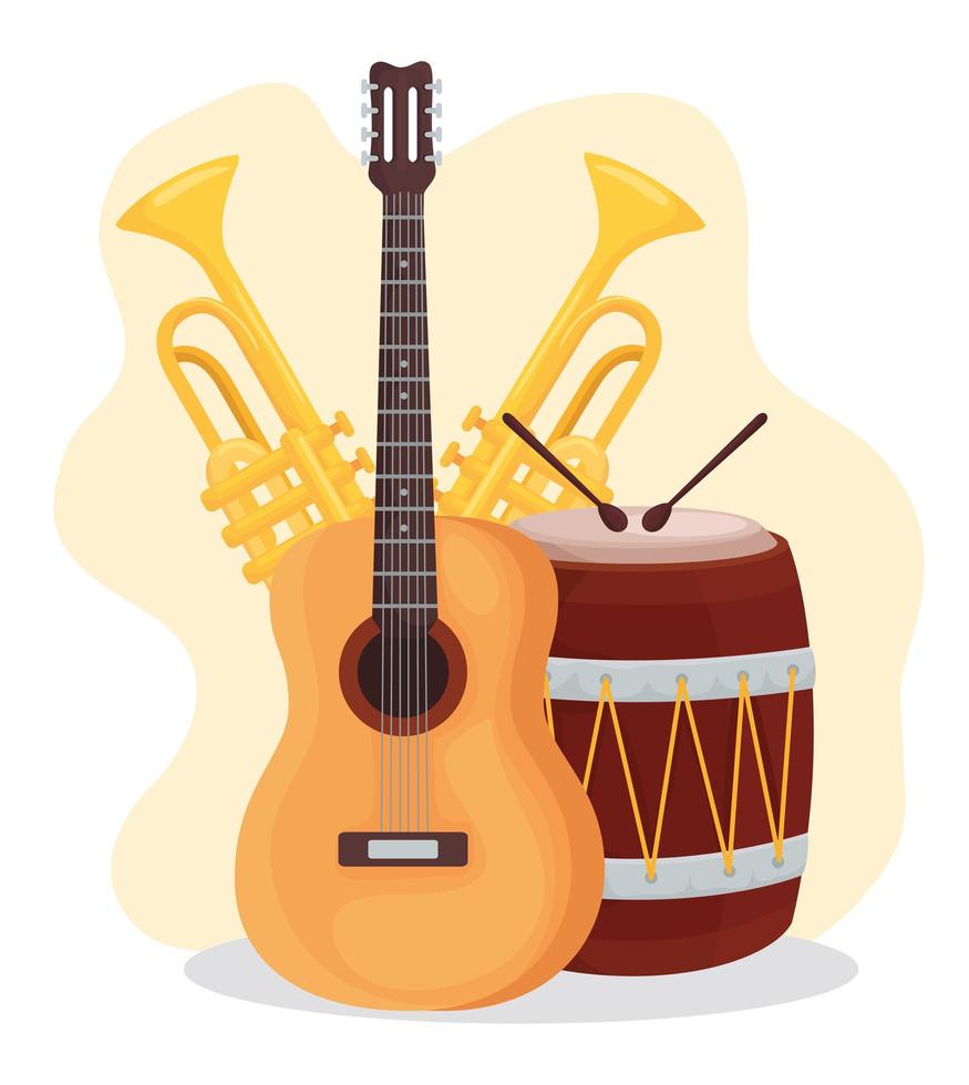 guitar trumpets and drum instrument icon vector design