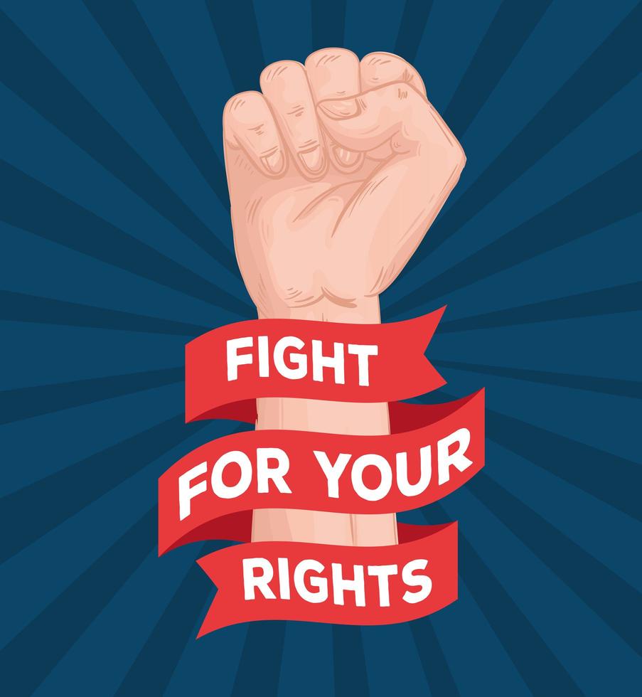 hand fist with rights fight lettering in ribbon vector