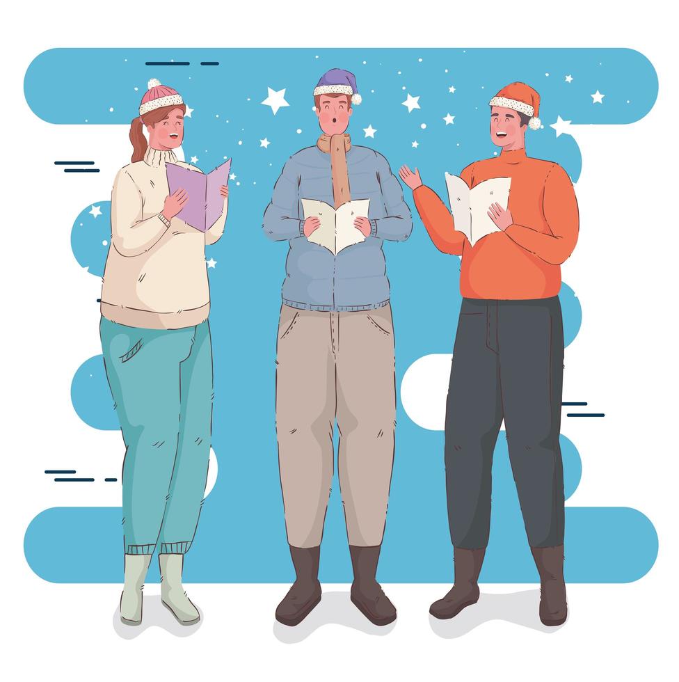 three persons wearing winter clothes singing christmas carols vector
