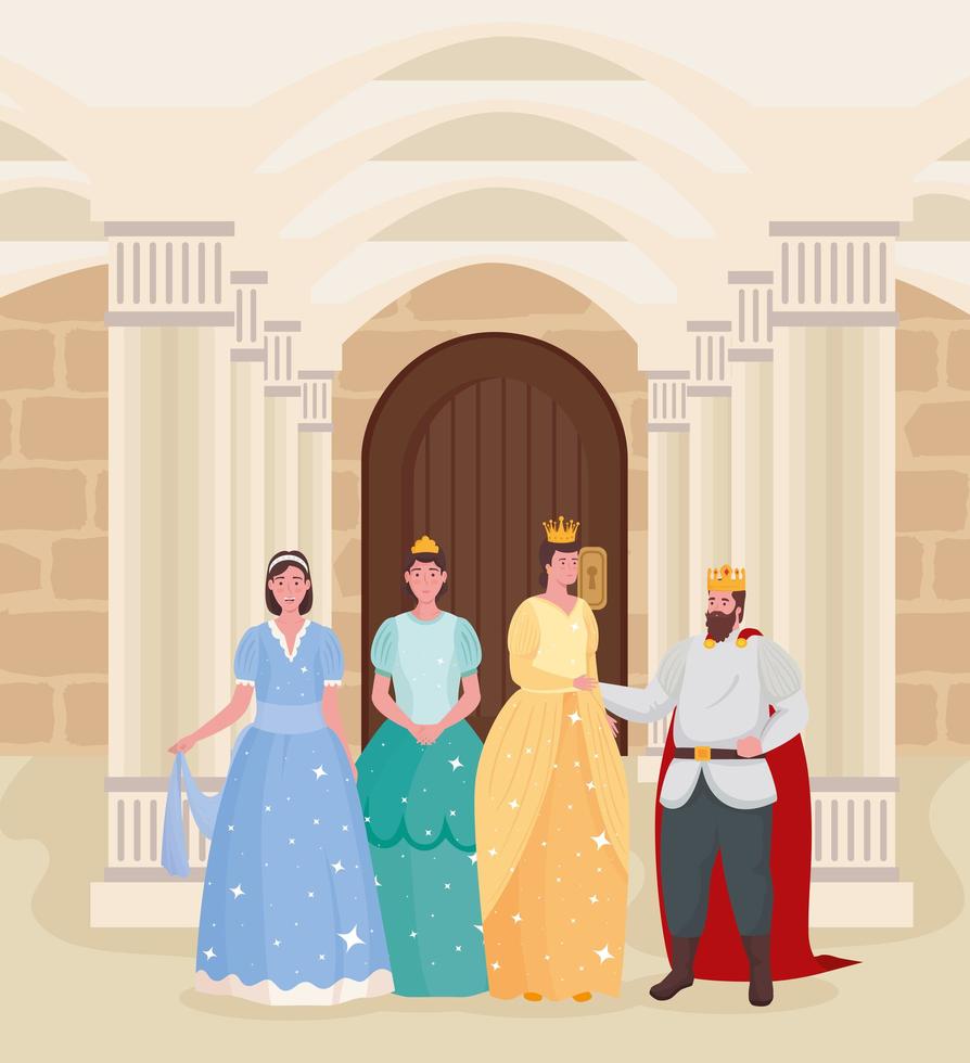 cuento de hadas rey reina y princesas dibujos animados en el diseño del vector del castillo