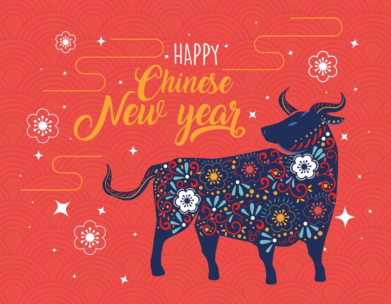 chinese new year card with floral pattern in ox and lettering vector