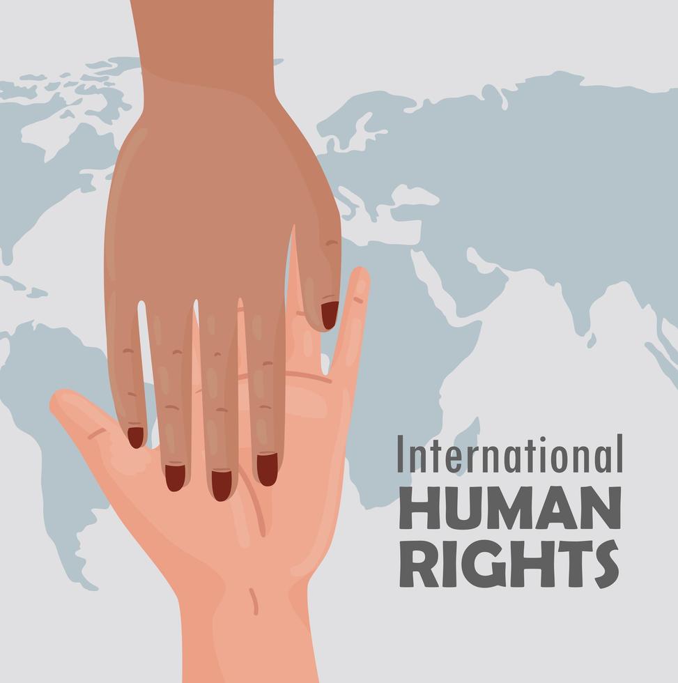 cartel de letras internacionales de derechos humanos con apretón de manos interracial vector