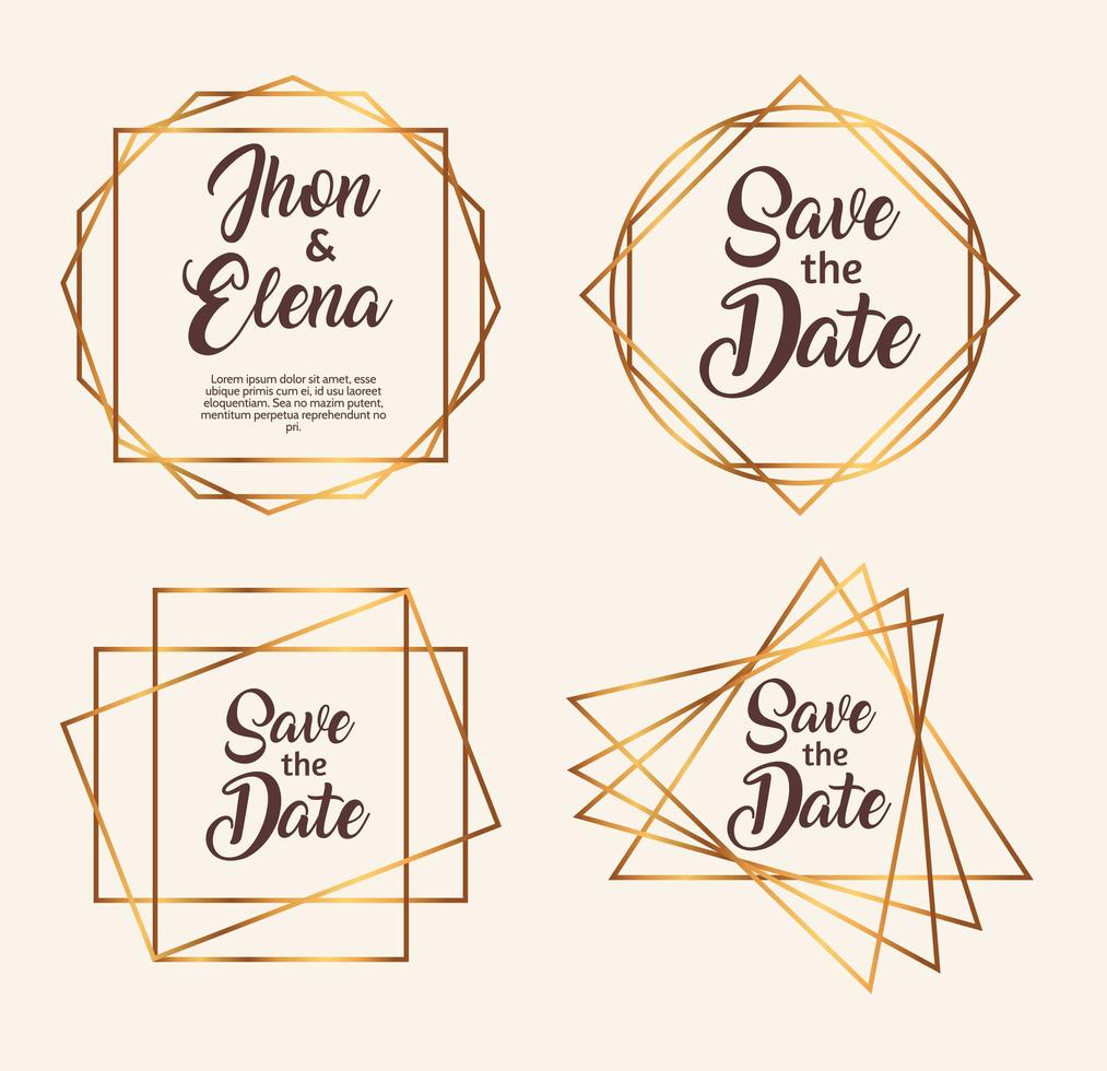 bundle of four wedding invitation golden frames vector
