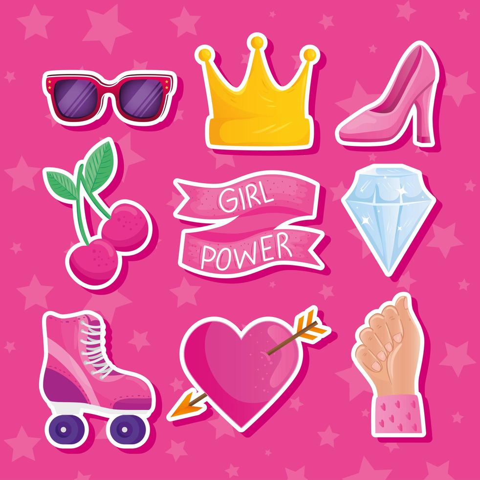 girl power lettering in ribbon frame and icons vector