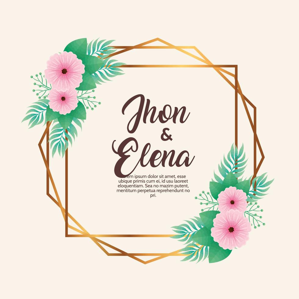 wedding invitation with jhon and elena lettering and pink flowers in golden frame vector