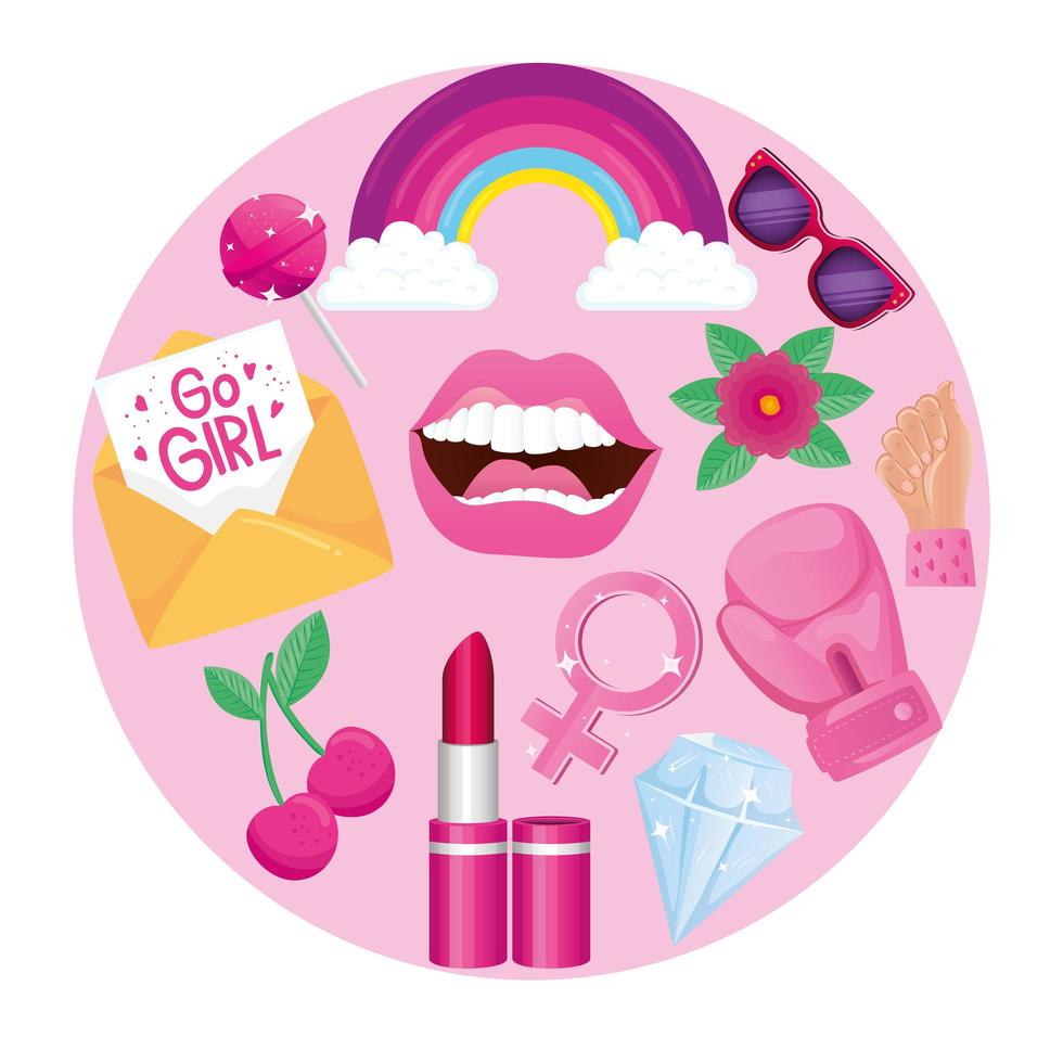 girl power set icons around vector