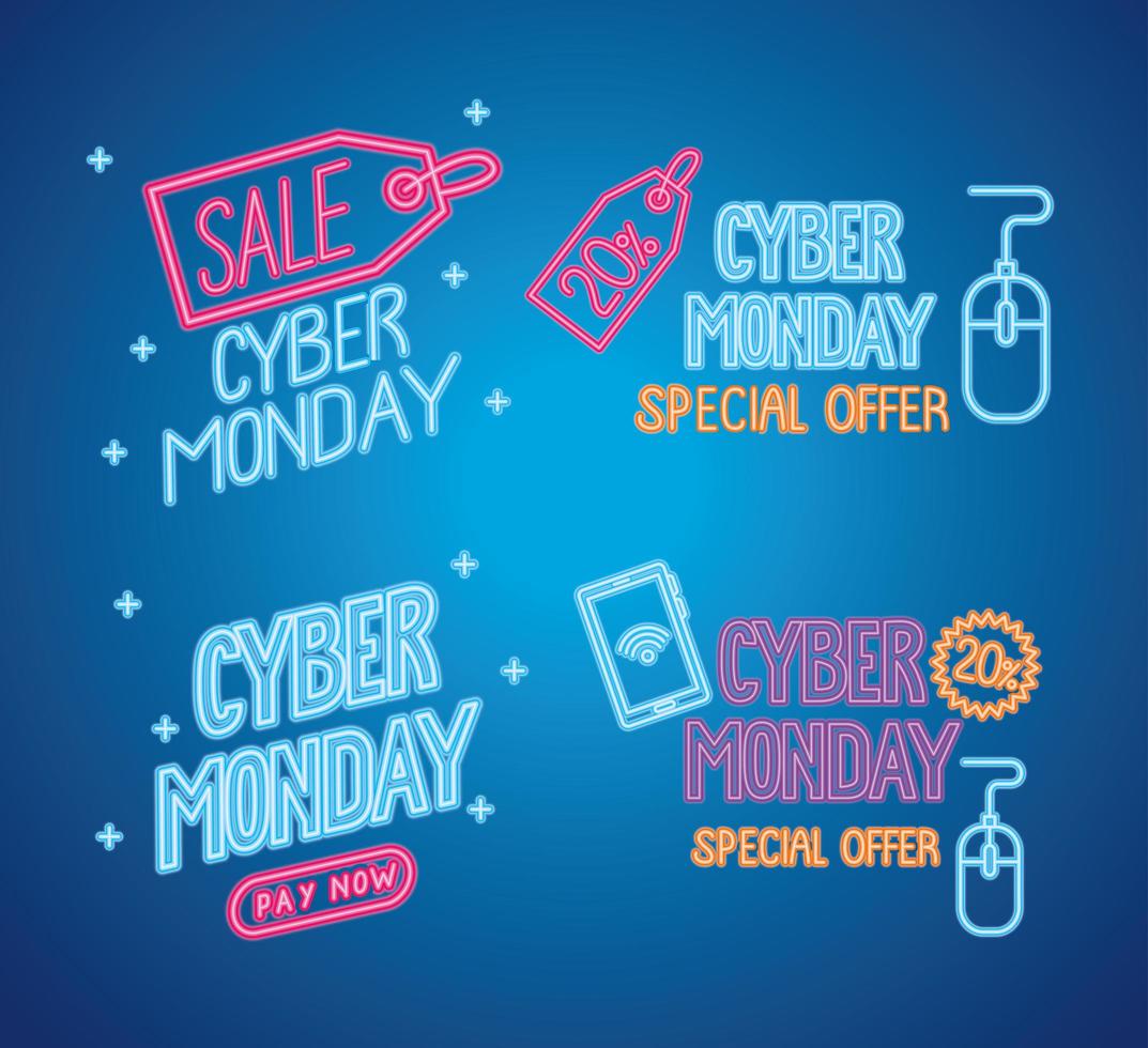 cyber monday neon letterings in blue background vector