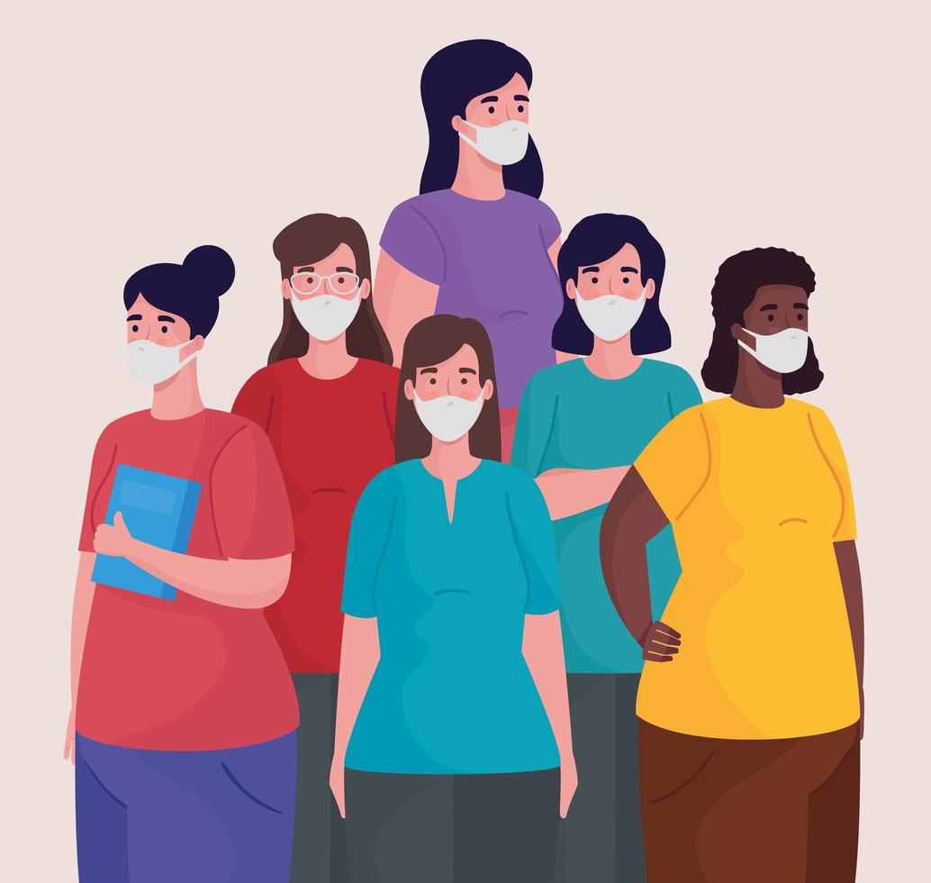 group of interracial women wearing medical masks characters vector