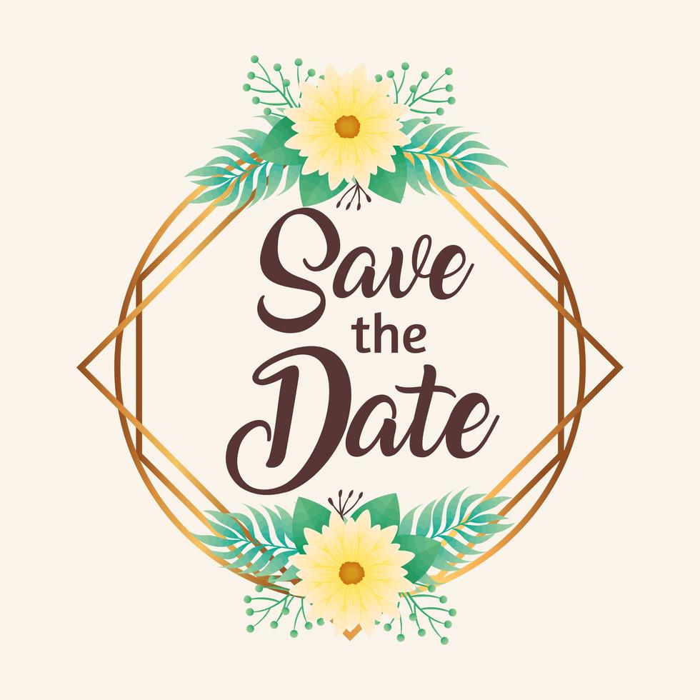 wedding invitation with save the date lettering and yellow flowers vector