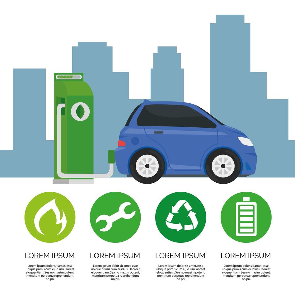 electric car ecology alternative in chargin station and set icons vector