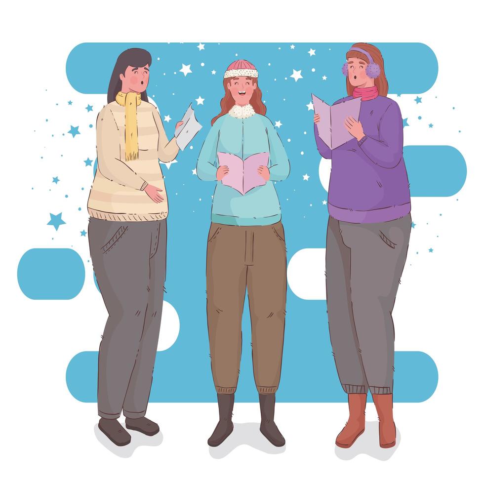 grupo de mujeres vestidas con ropa de invierno cantando villancicos vector