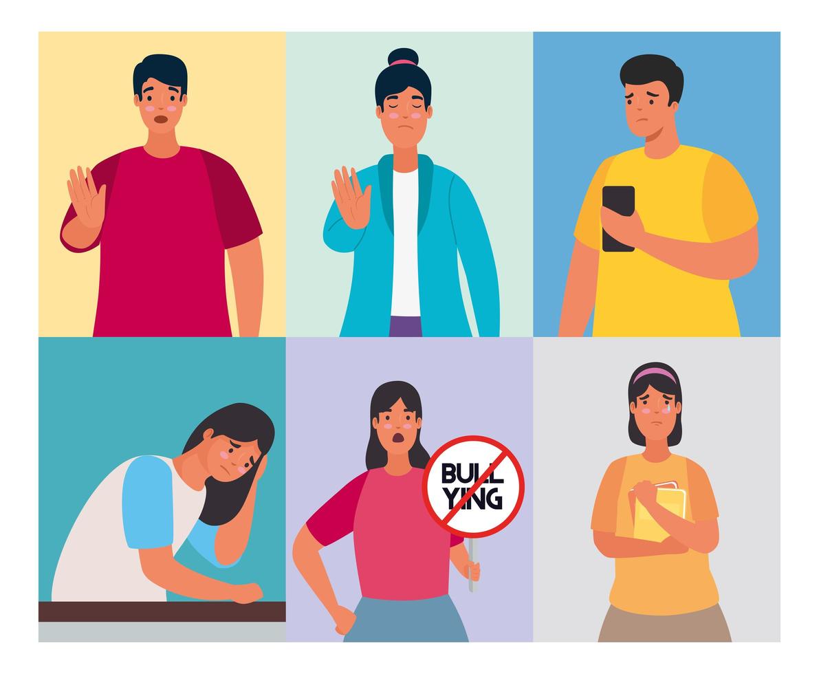 group of persons affected for cyber bullying and stop signal characters vector