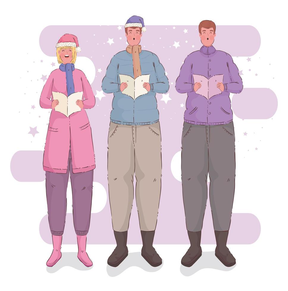 three persons singing christmas carols characters vector