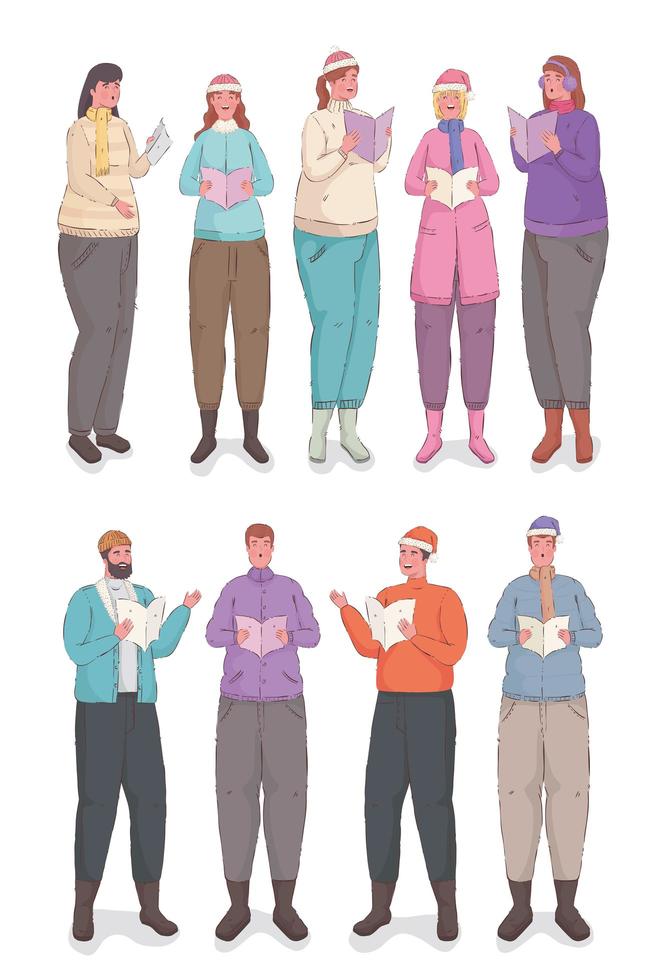ten persons wearing winter clothes singing christmas carols vector