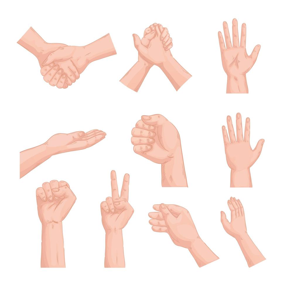 ten hands humans set symbols icons vector