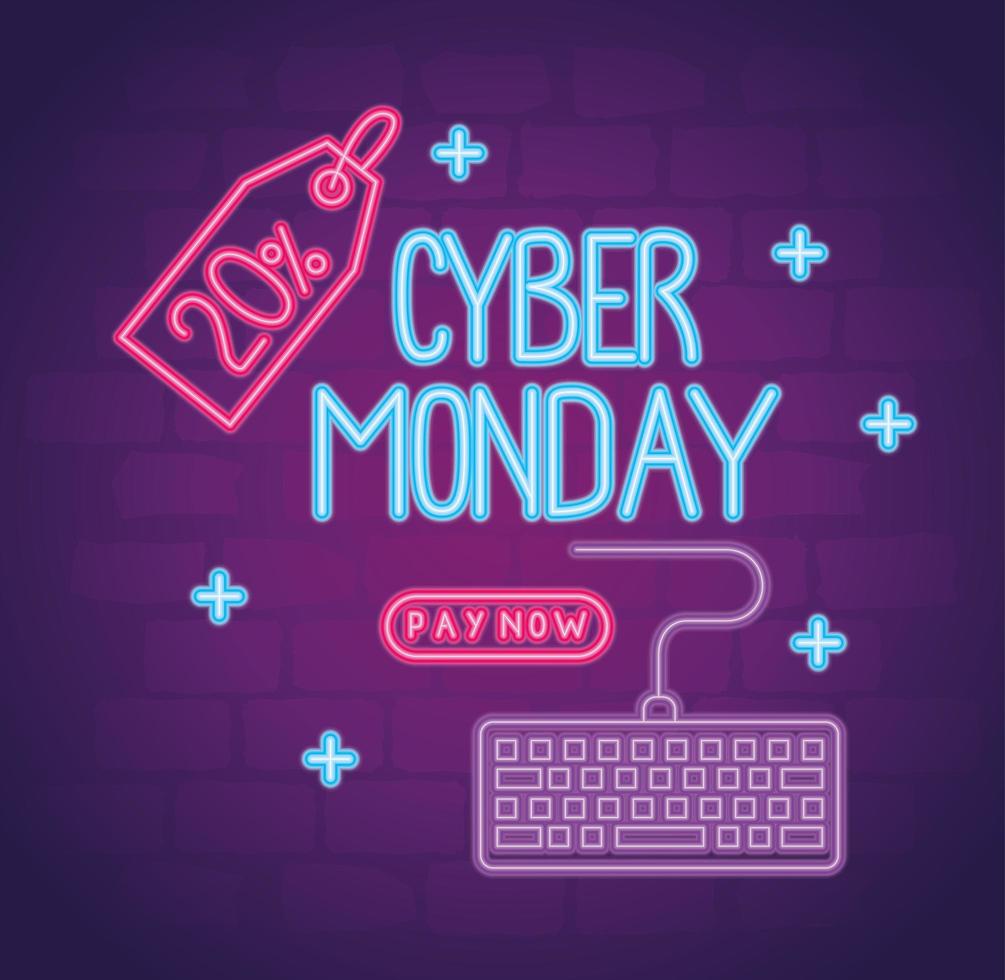 cyber monday neon lettering with keyboard and percent tag vector