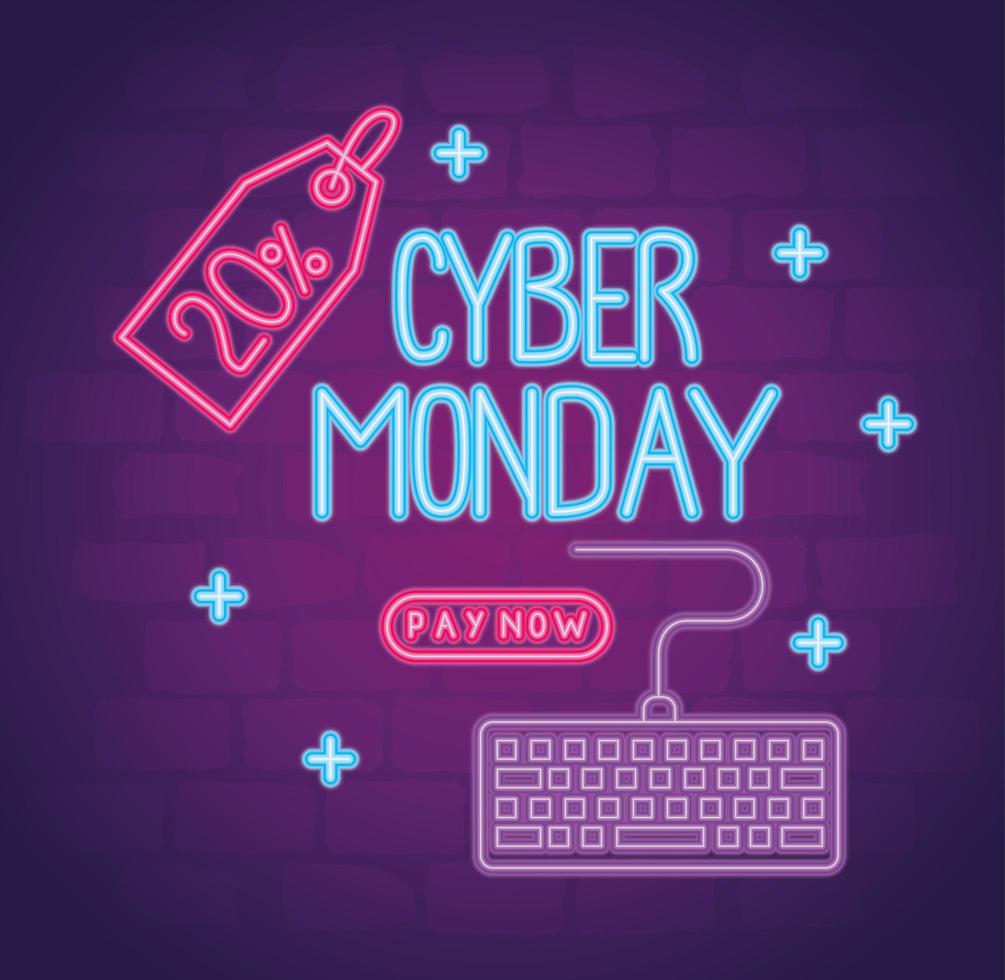 letras de neón del cyber monday con teclado y etiqueta de porcentaje vector