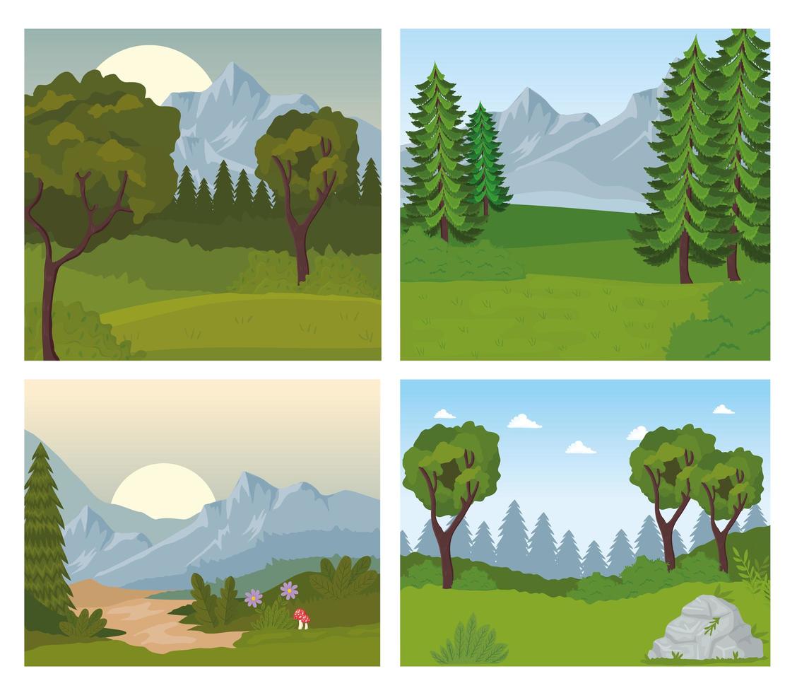 cuatro escenas de paisajes con arboles y flores. vector