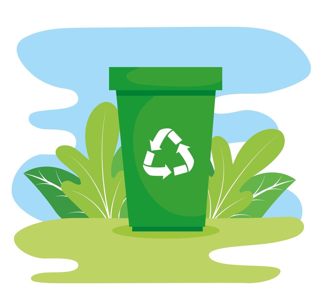 waste bin with recycle arrows in the field vector