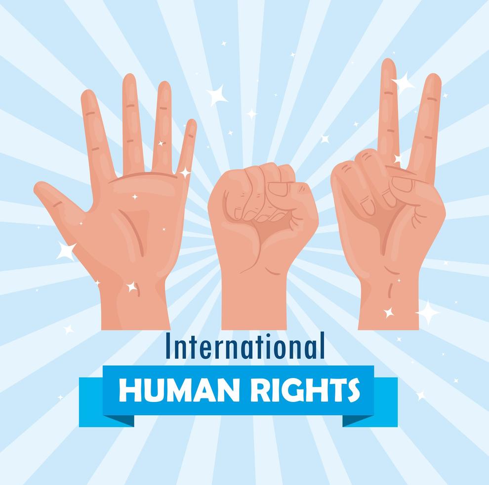 international human rights lettering poster with hands meke signals vector