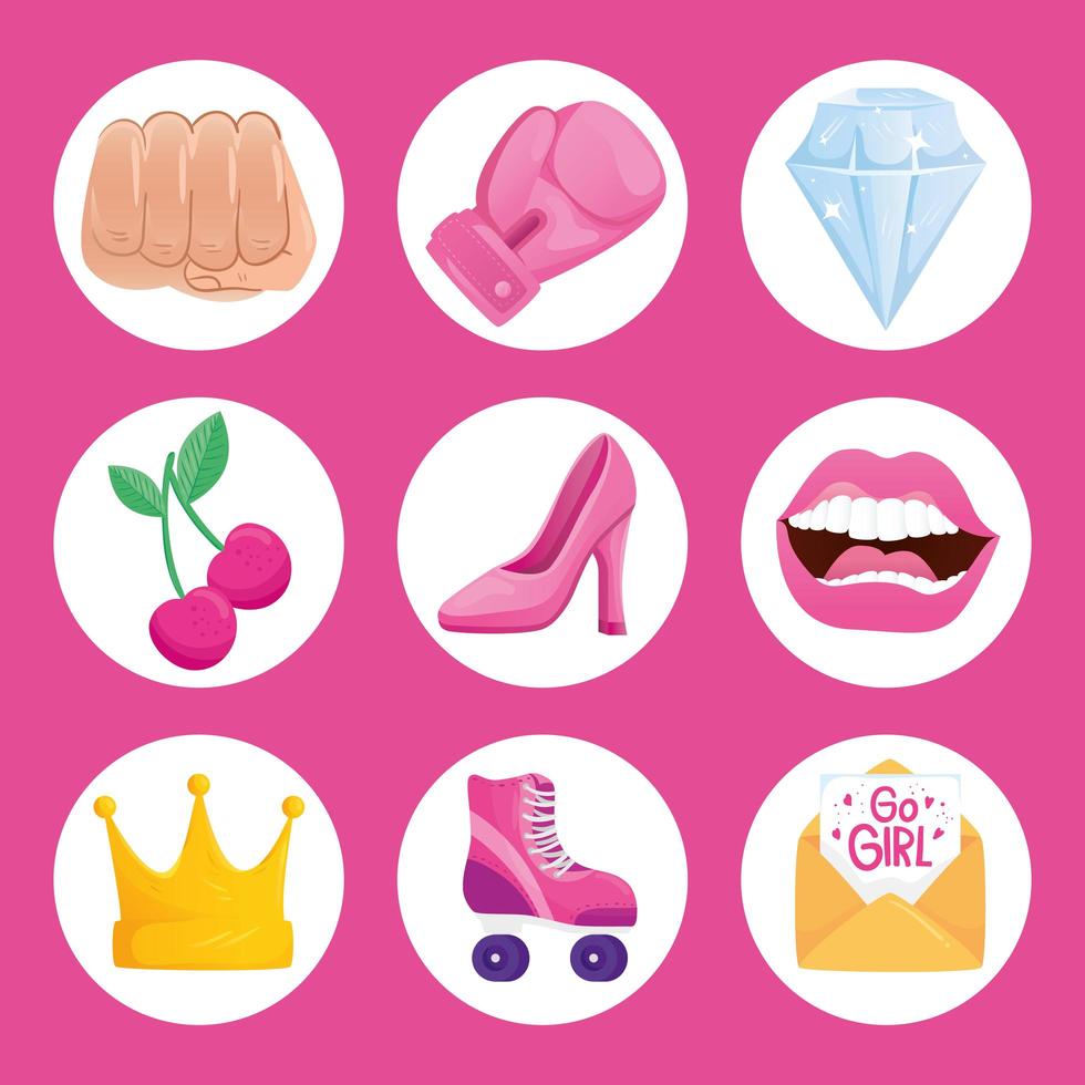 paquete de nueve iconos de power girl set vector