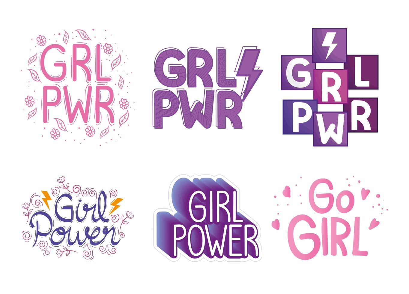 six girl power letterings set vector