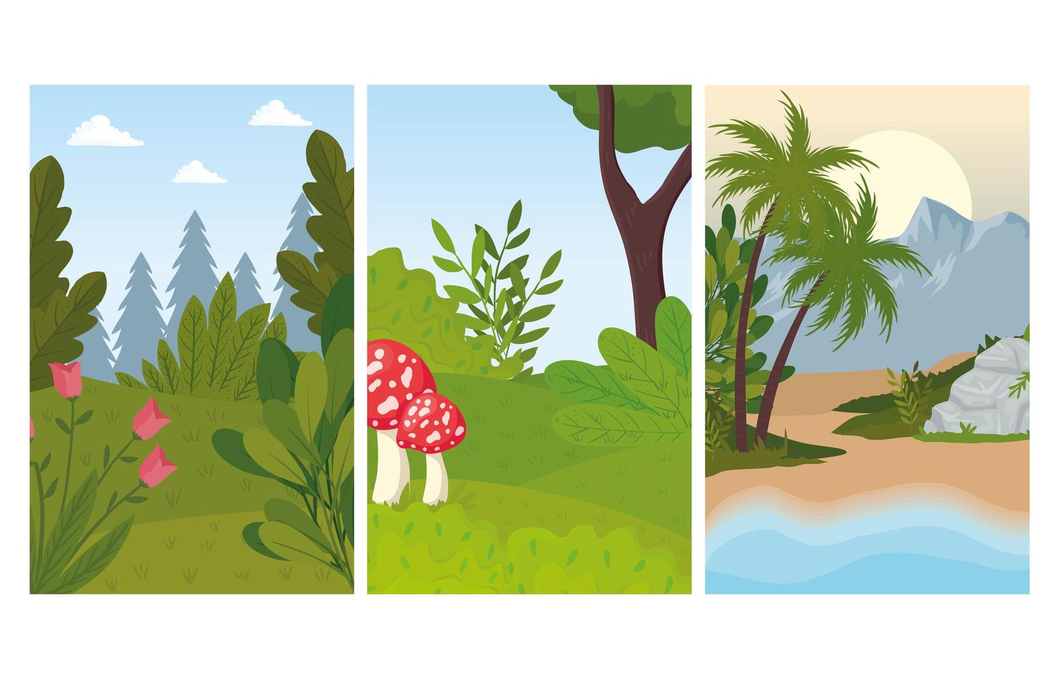 Tres escenas de paisajes con flores y hongos. vector