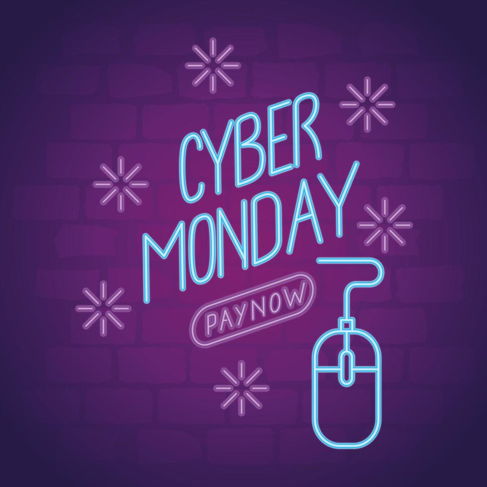 cyber monday neon lettering with mouse vector