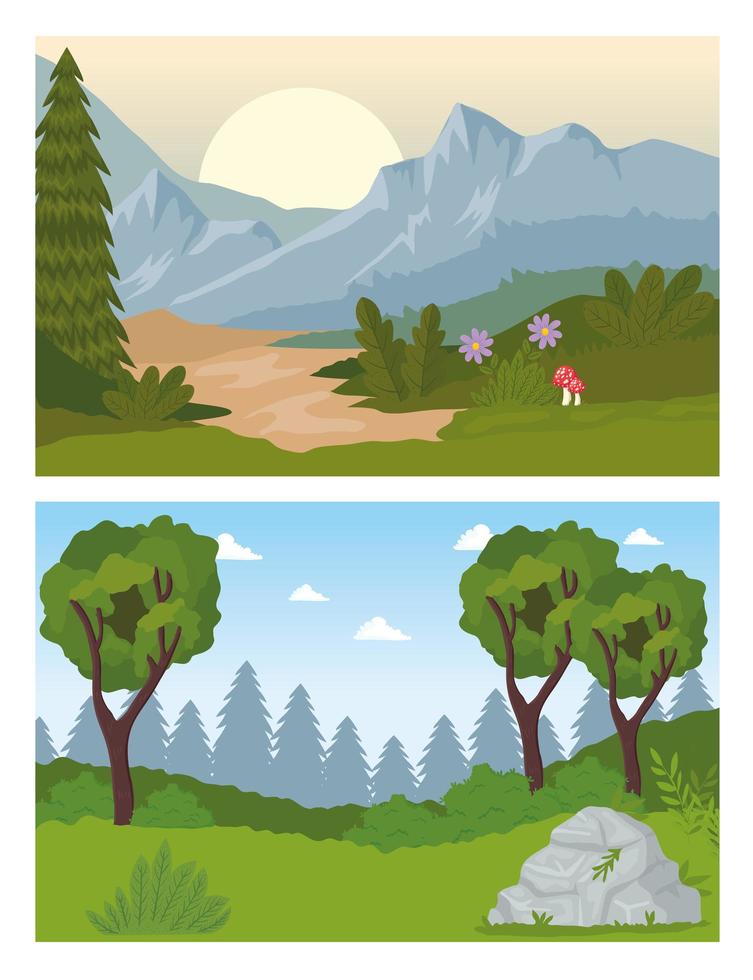 two landscapes scenes with forest trees vector