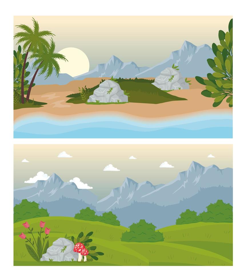 Dos escenas de paisajes con flores y playa. vector